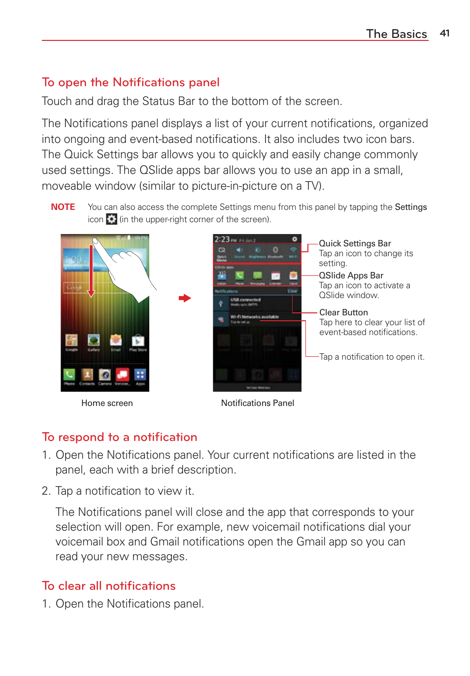 The basics to open the notiﬁcations panel | LG LGVS876 User Manual | Page 43 / 226