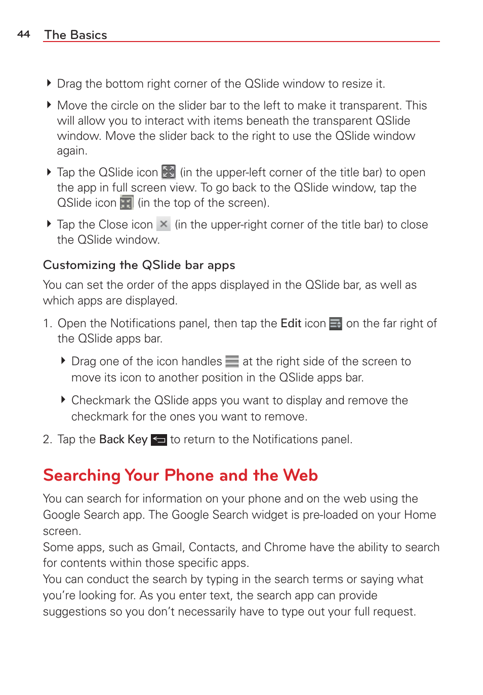 Searching your phone and the web | LG LGVS876 User Manual | Page 46 / 226