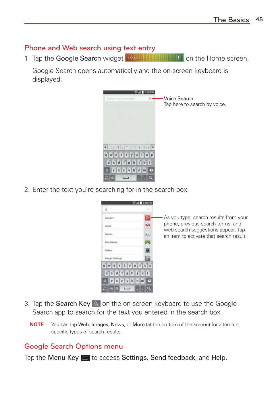 The basics phone and web search using text entry, Google search options menu | LG LGVS876 User Manual | Page 47 / 226