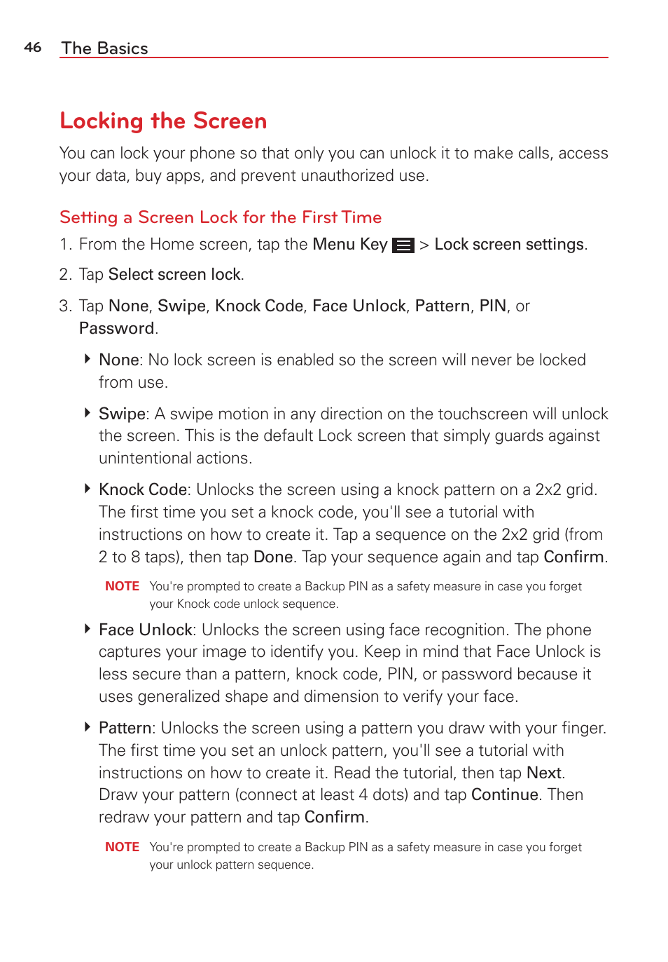 Locking the screen, The basics, Setting a screen lock for the first time | LG LGVS876 User Manual | Page 48 / 226