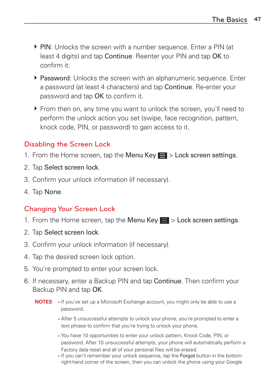 The basics, Disabling the screen lock, Changing your screen lock | LG LGVS876 User Manual | Page 49 / 226