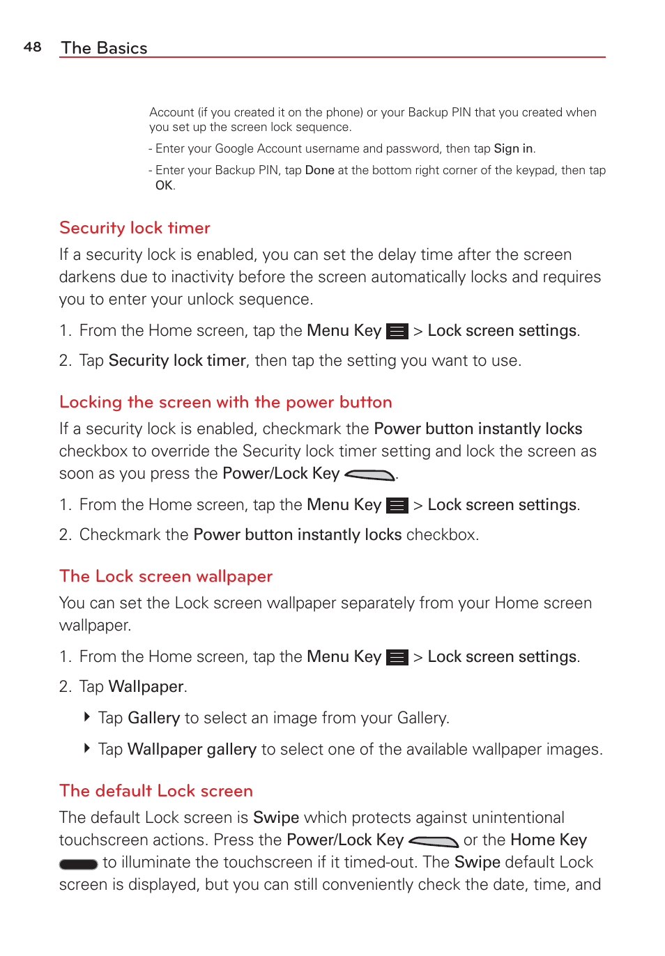 The basics, Security lock timer, Locking the screen with the power button | The lock screen wallpaper, The default lock screen | LG LGVS876 User Manual | Page 50 / 226