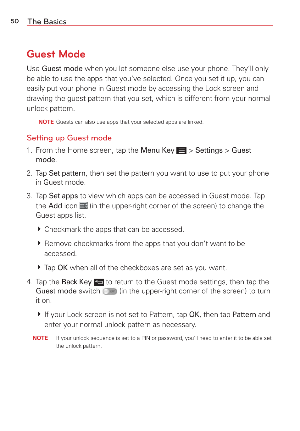 Guest mode, The basics, Setting up guest mode | LG LGVS876 User Manual | Page 52 / 226