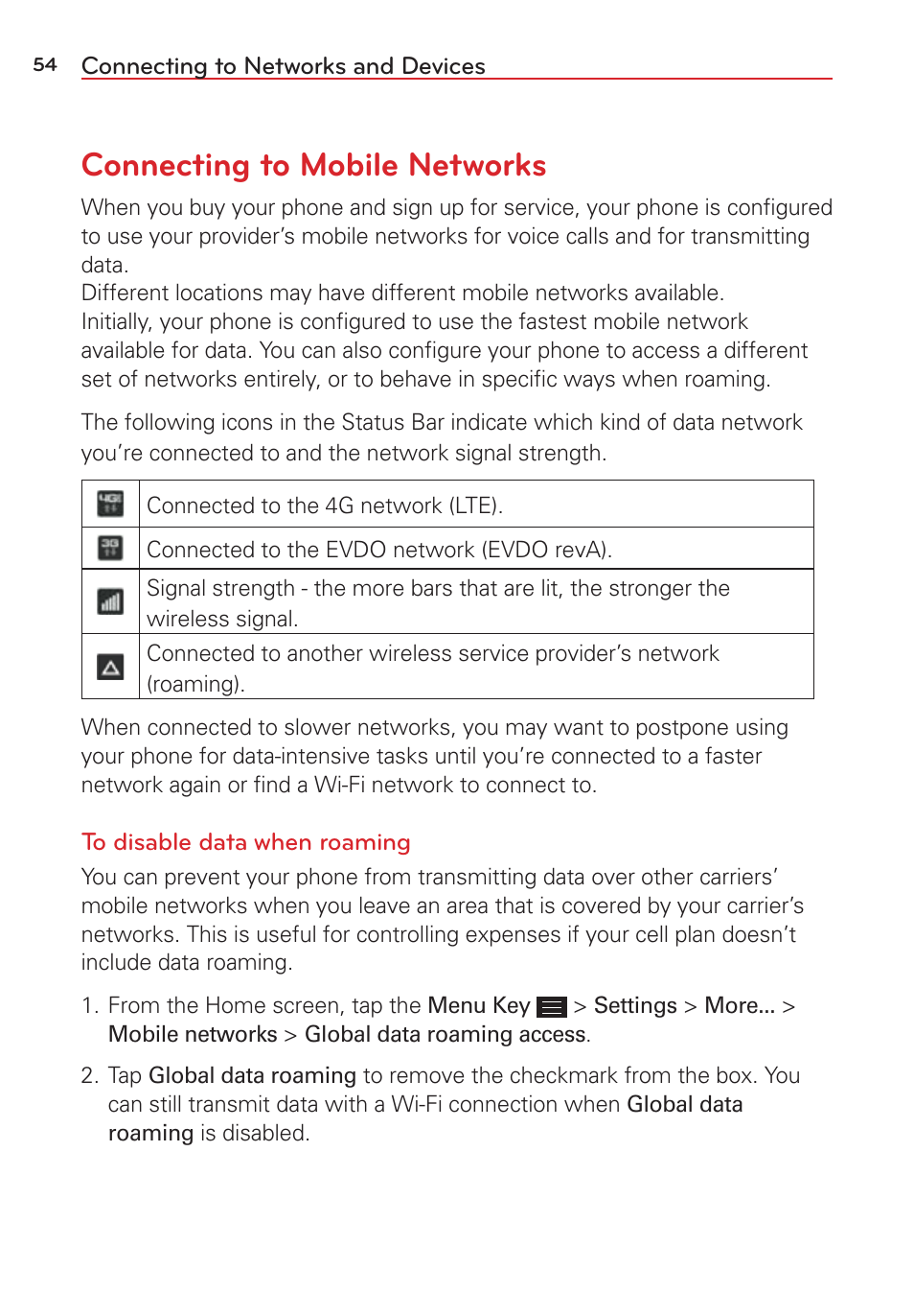 Connecting to networks and devices, Connecting to mobile networks | LG LGVS876 User Manual | Page 56 / 226