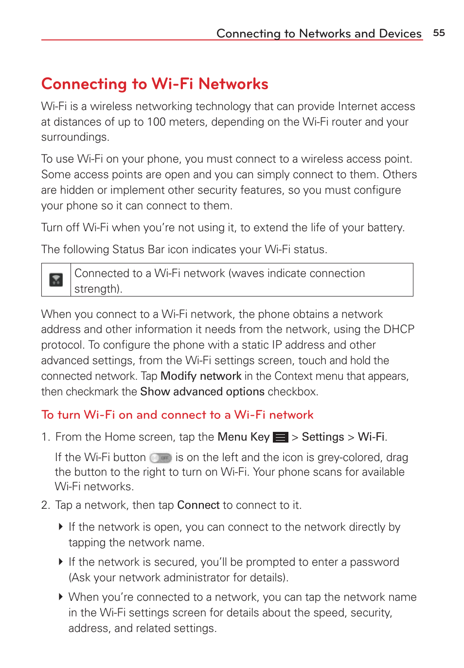 Connecting to wi-fi networks | LG LGVS876 User Manual | Page 57 / 226