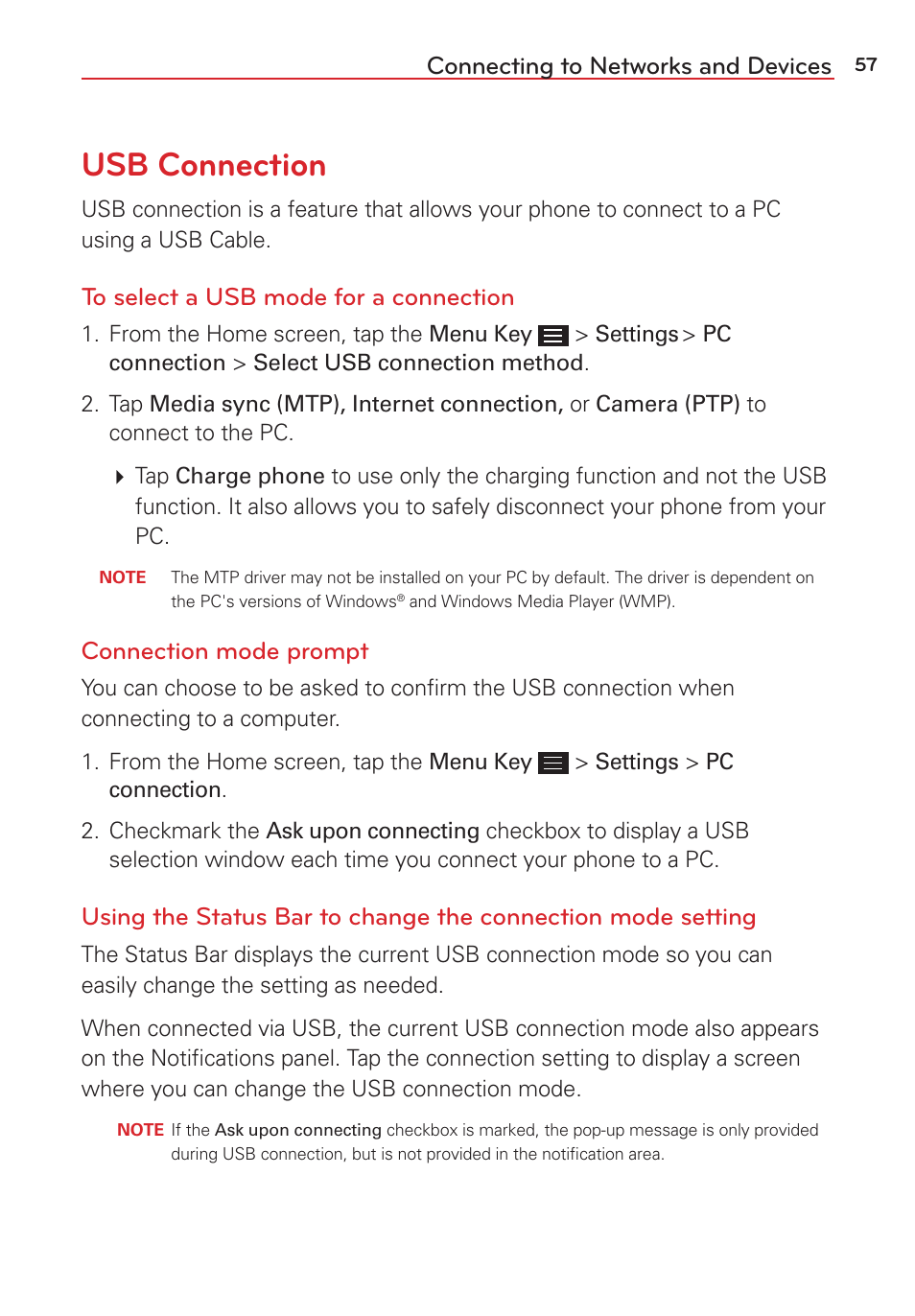 Usb connection, Connecting to networks and devices, Connection mode prompt | LG LGVS876 User Manual | Page 59 / 226