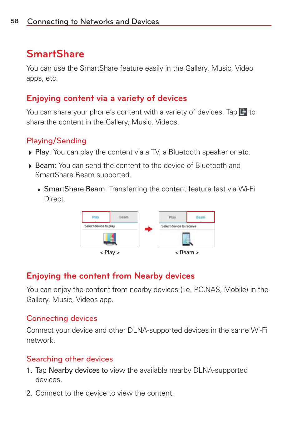 Smartshare, Enjoying content via a variety of devices, Enjoying the content from nearby devices | LG LGVS876 User Manual | Page 60 / 226