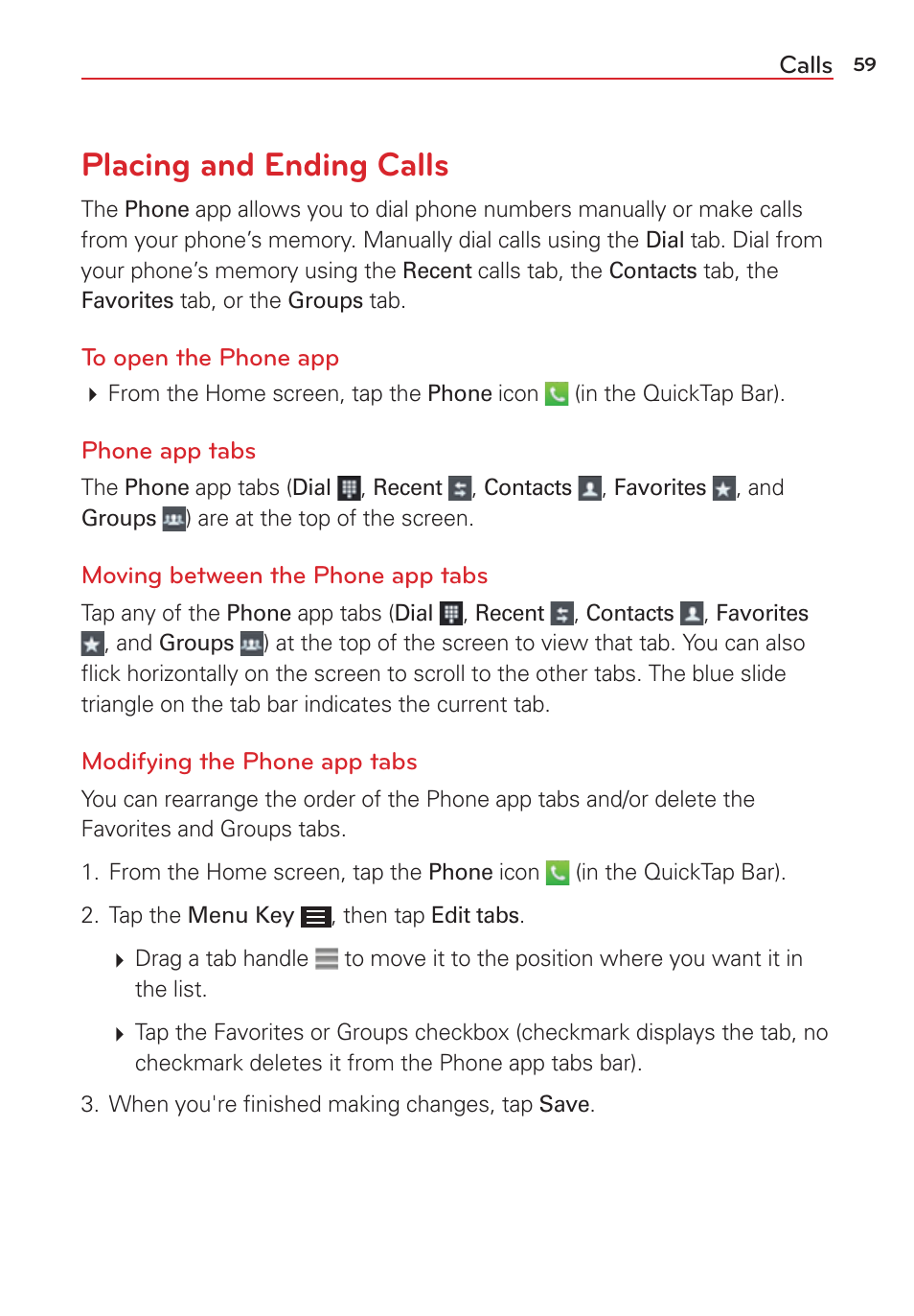 Calls, Placing and ending calls | LG LGVS876 User Manual | Page 61 / 226