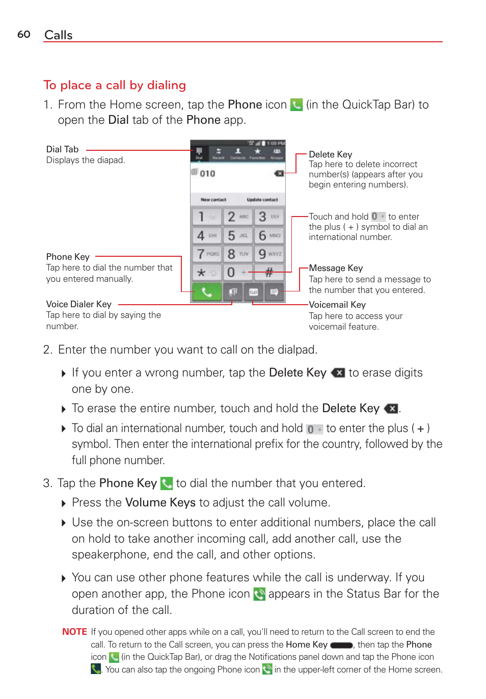 Calls to place a call by dialing | LG LGVS876 User Manual | Page 62 / 226