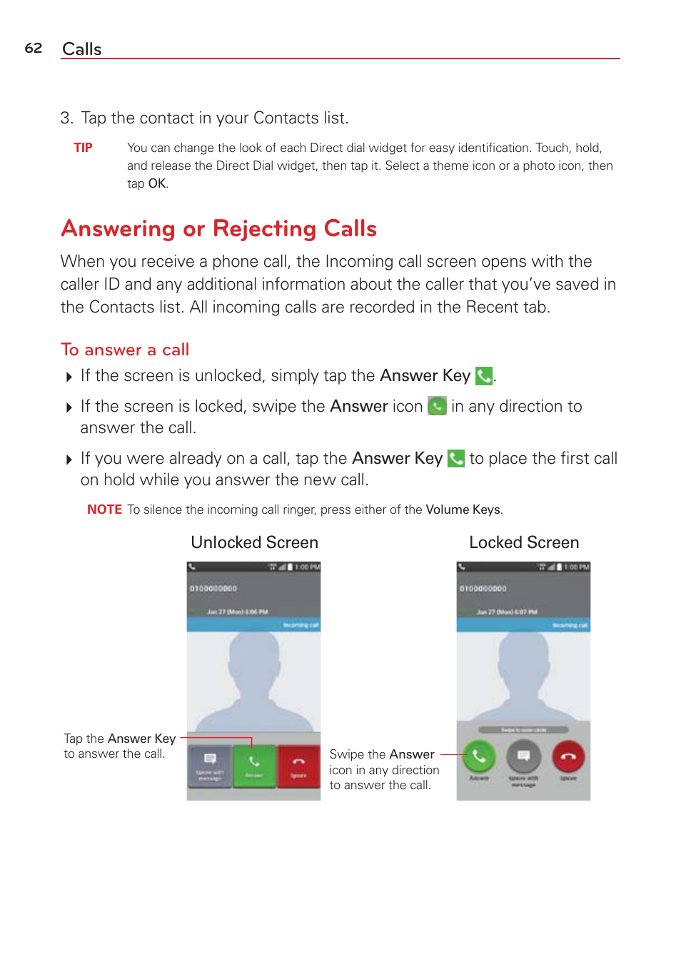 Answering or rejecting calls, Calls | LG LGVS876 User Manual | Page 64 / 226