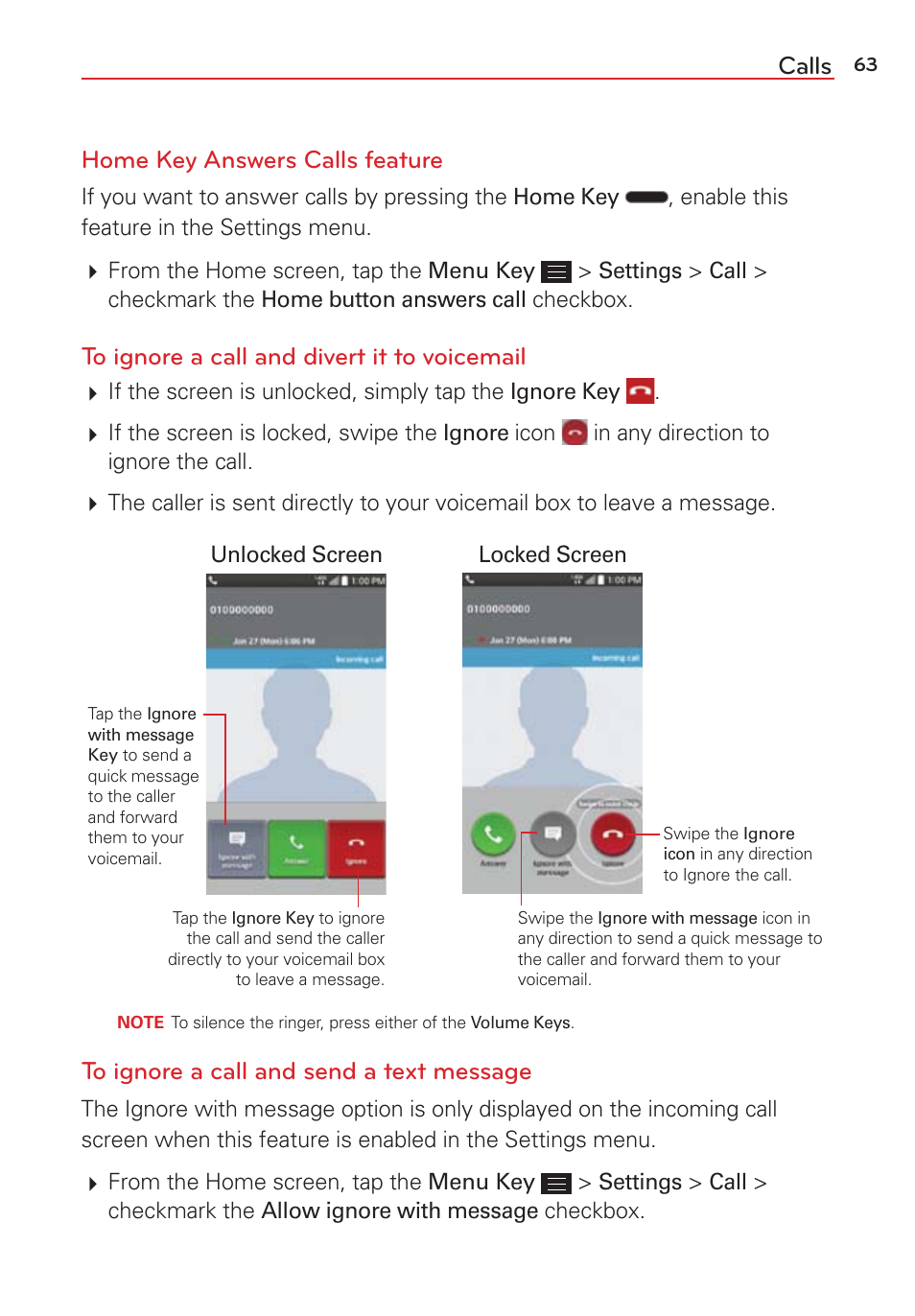 Calls home key answers calls feature | LG LGVS876 User Manual | Page 65 / 226