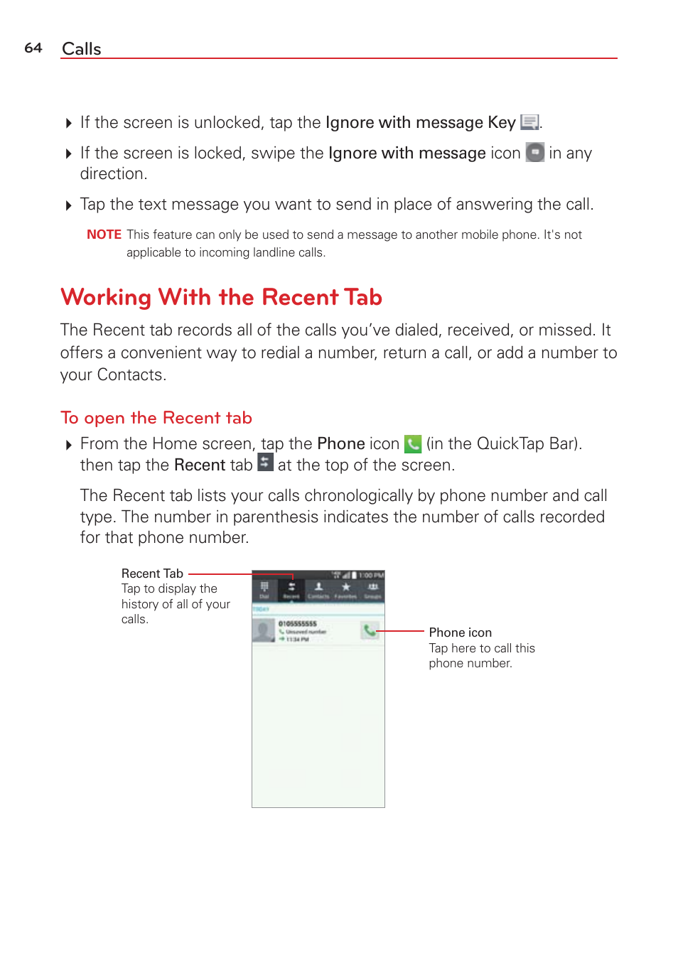 Working with the recent tab, Calls | LG LGVS876 User Manual | Page 66 / 226