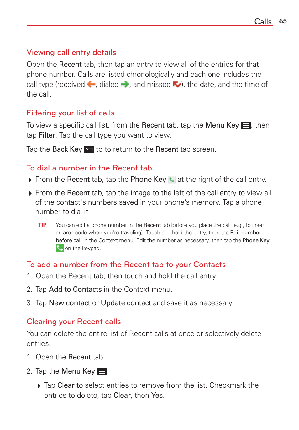 Calls viewing call entry details, Filtering your list of calls, Clearing your recent calls | LG LGVS876 User Manual | Page 67 / 226