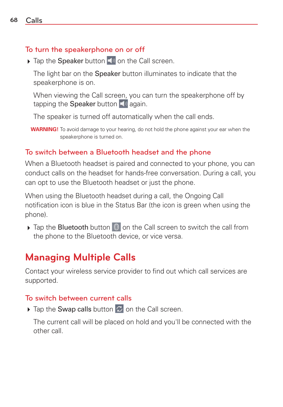 Managing multiple calls | LG LGVS876 User Manual | Page 70 / 226