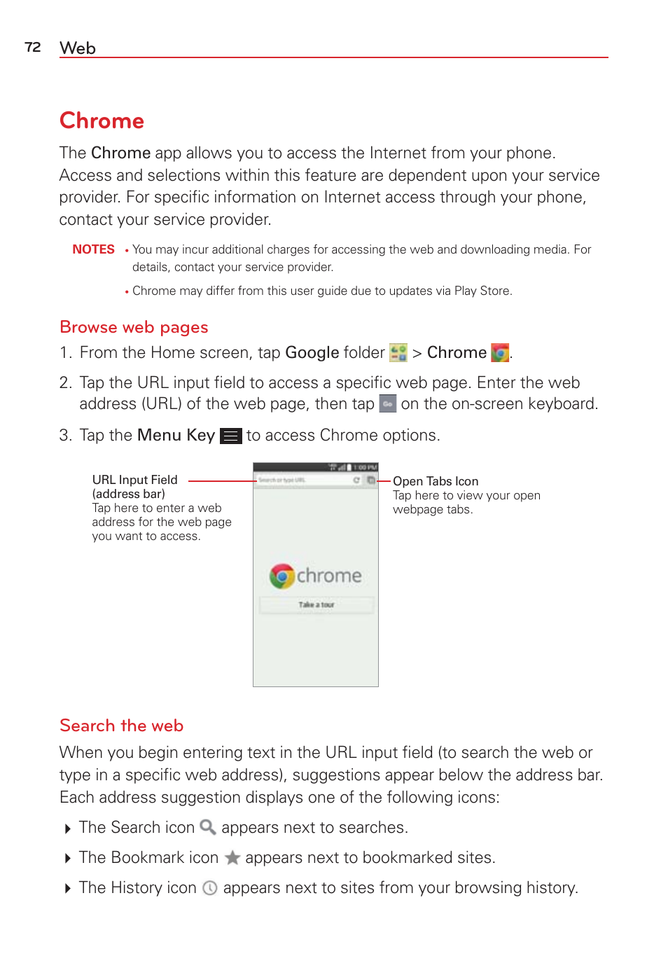 Chrome, Browse web pages, Search the web | LG LGVS876 User Manual | Page 74 / 226
