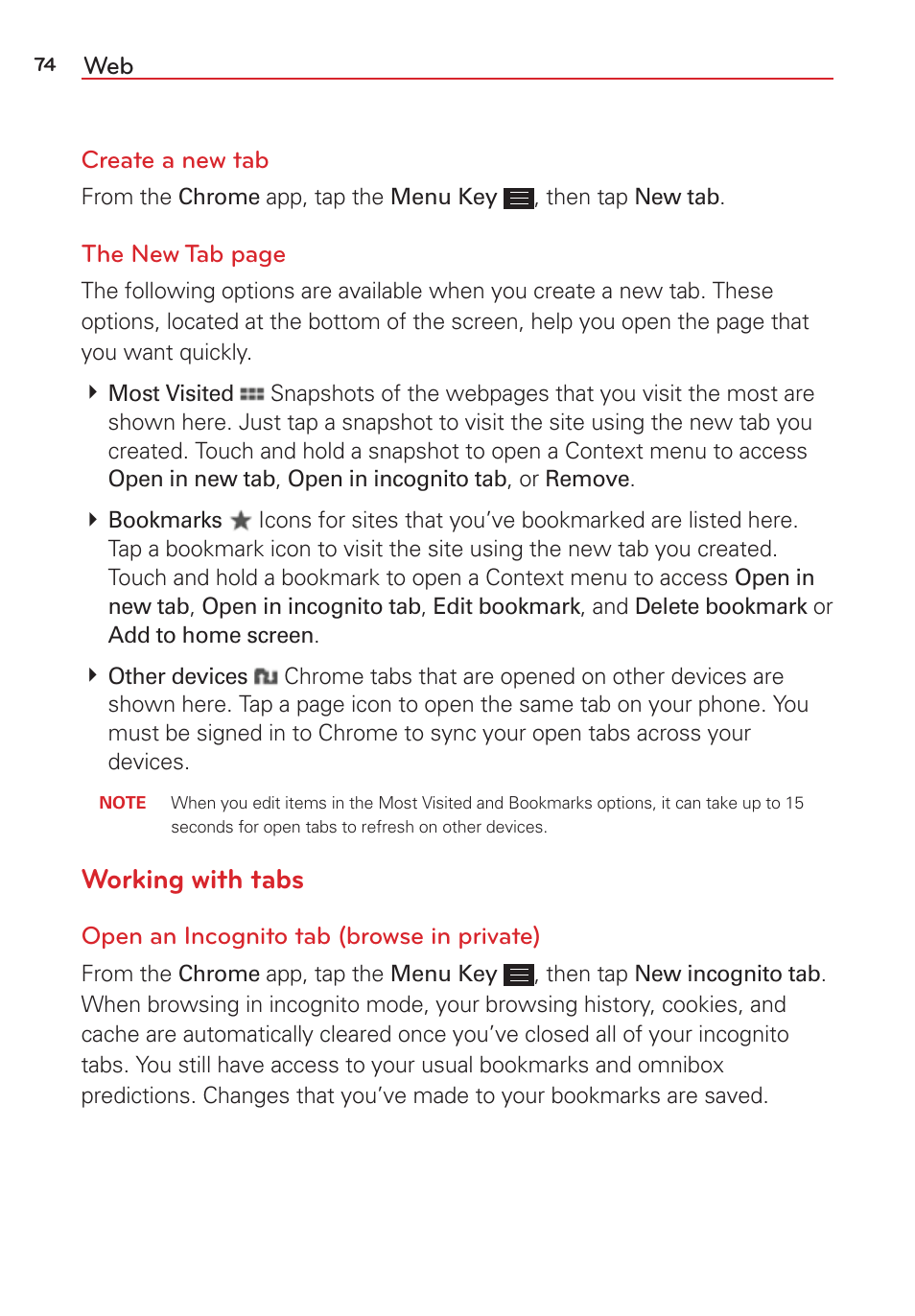 Working with tabs | LG LGVS876 User Manual | Page 76 / 226