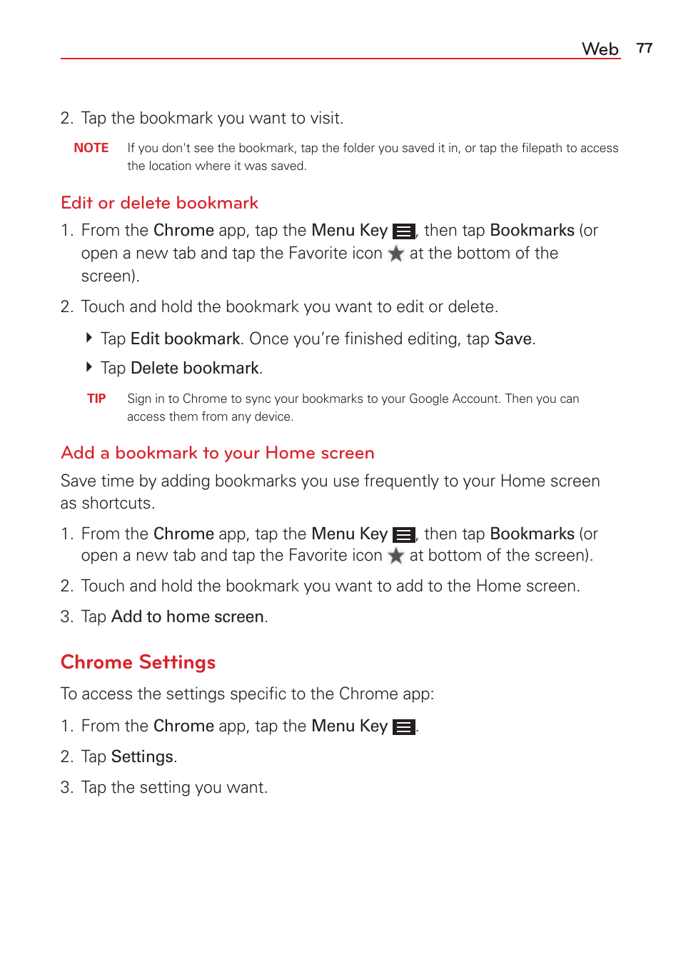 Chrome settings, Edit or delete bookmark, Add a bookmark to your home screen | LG LGVS876 User Manual | Page 79 / 226