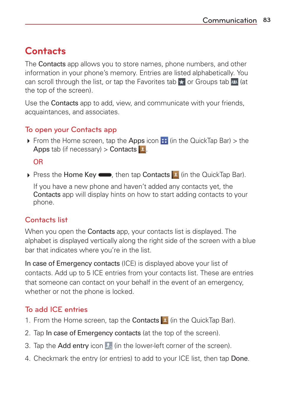 Communication, Contacts | LG LGVS876 User Manual | Page 85 / 226