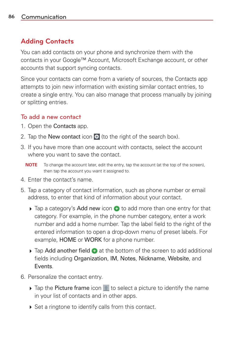 Adding contacts | LG LGVS876 User Manual | Page 88 / 226