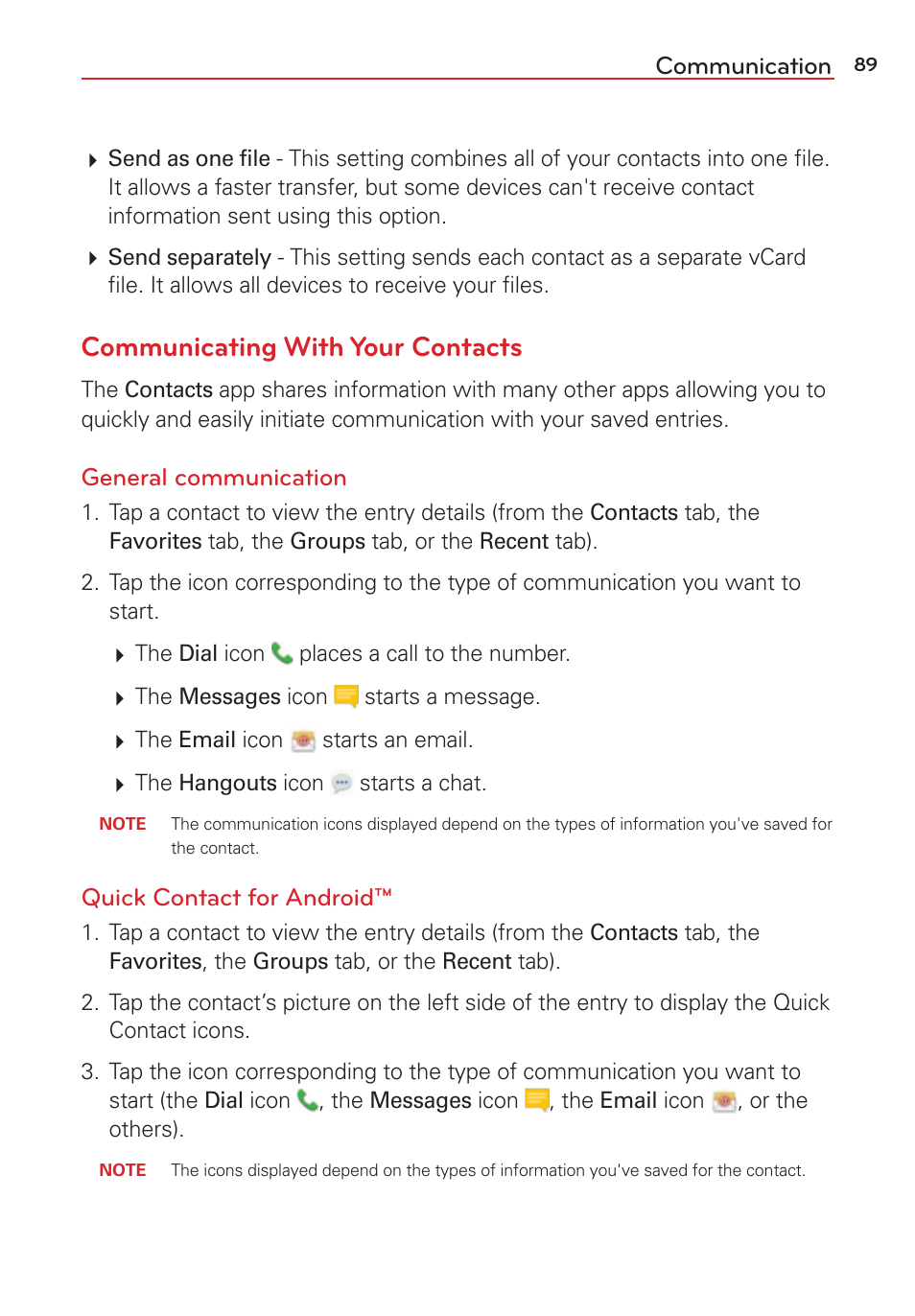 Communicating with your contacts, Communication, General communication | Quick contact for android | LG LGVS876 User Manual | Page 91 / 226