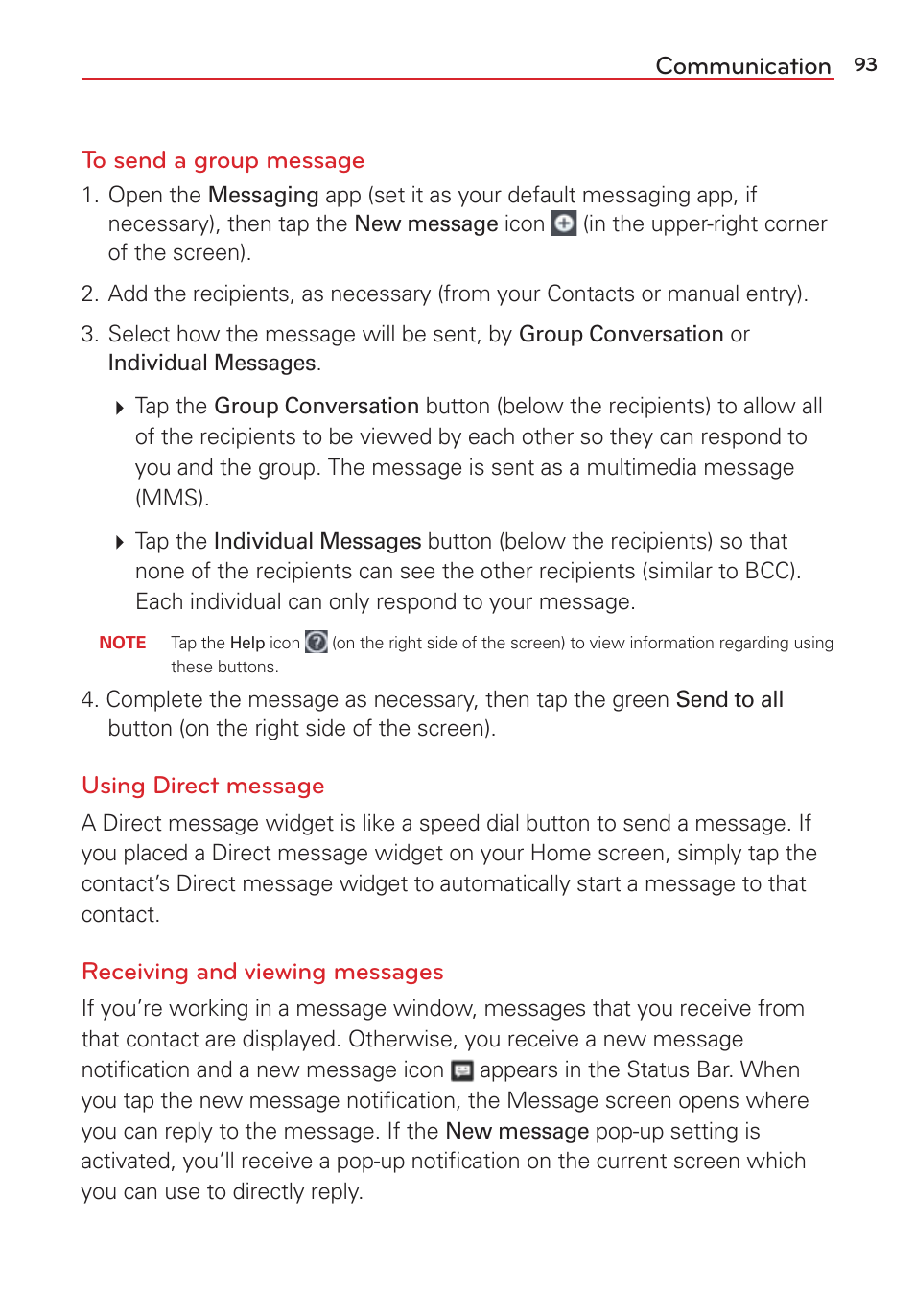 Communication to send a group message, Using direct message, Receiving and viewing messages | LG LGVS876 User Manual | Page 95 / 226