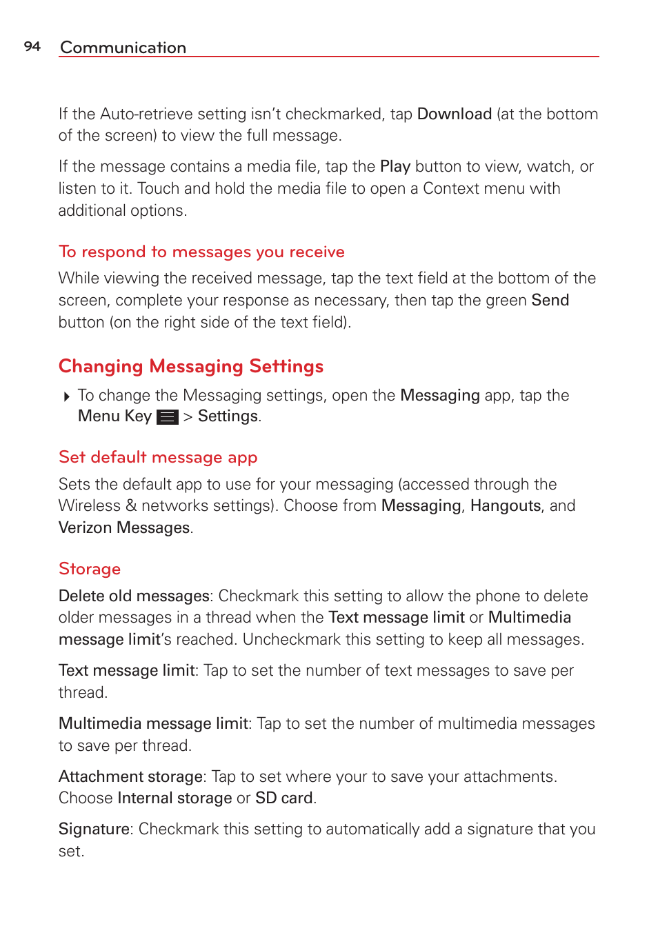 Changing messaging settings | LG LGVS876 User Manual | Page 96 / 226