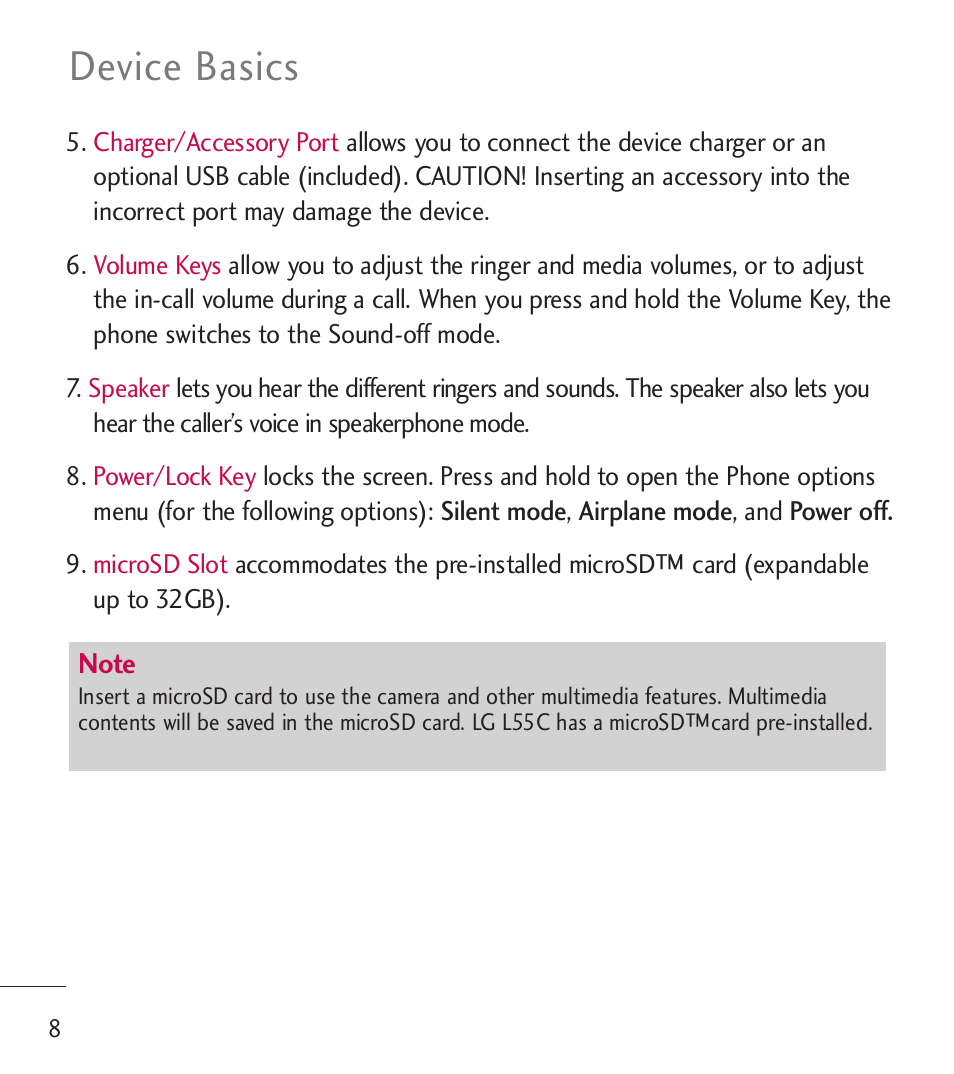 Device basics | LG LGL55C User Manual | Page 10 / 506