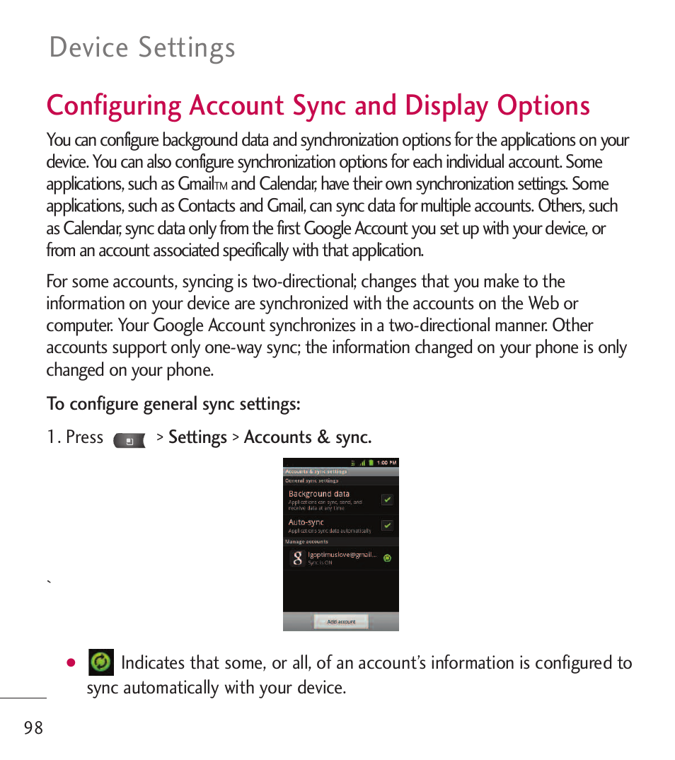 Configuring account sync and, Display options, Configuring account sync and display options | Device settings | LG LGL55C User Manual | Page 100 / 506