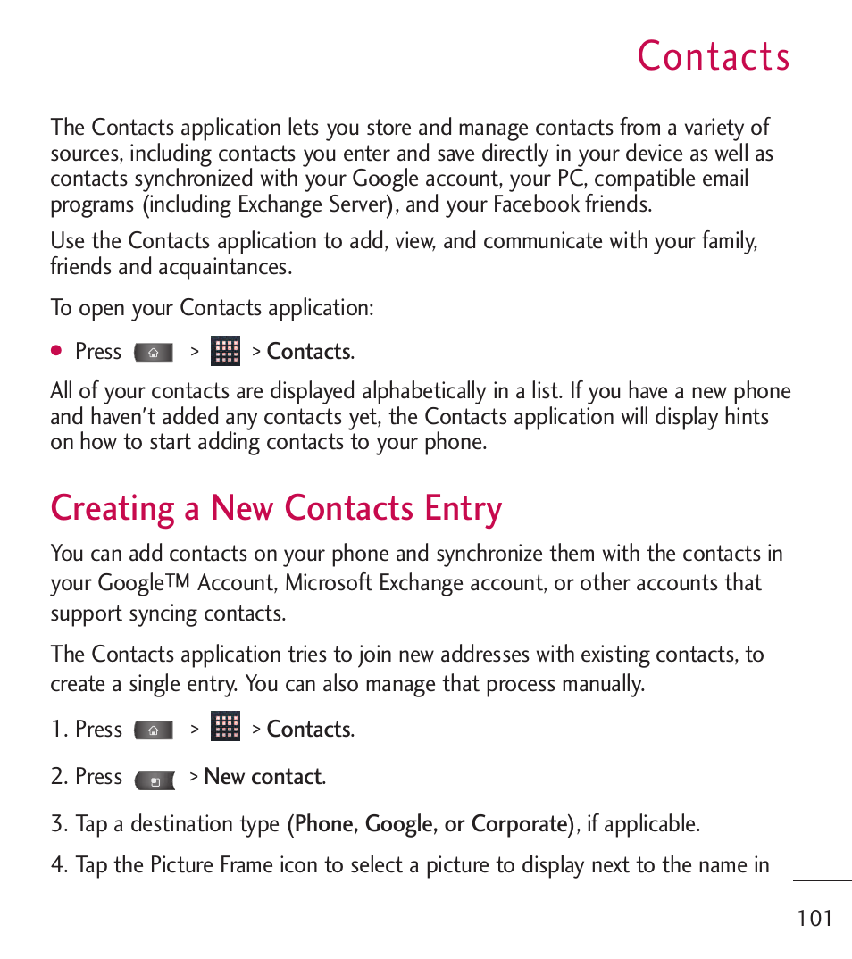 Contacts, Creating a new contacts entry, Creating a new contacts entry 101 | LG LGL55C User Manual | Page 103 / 506