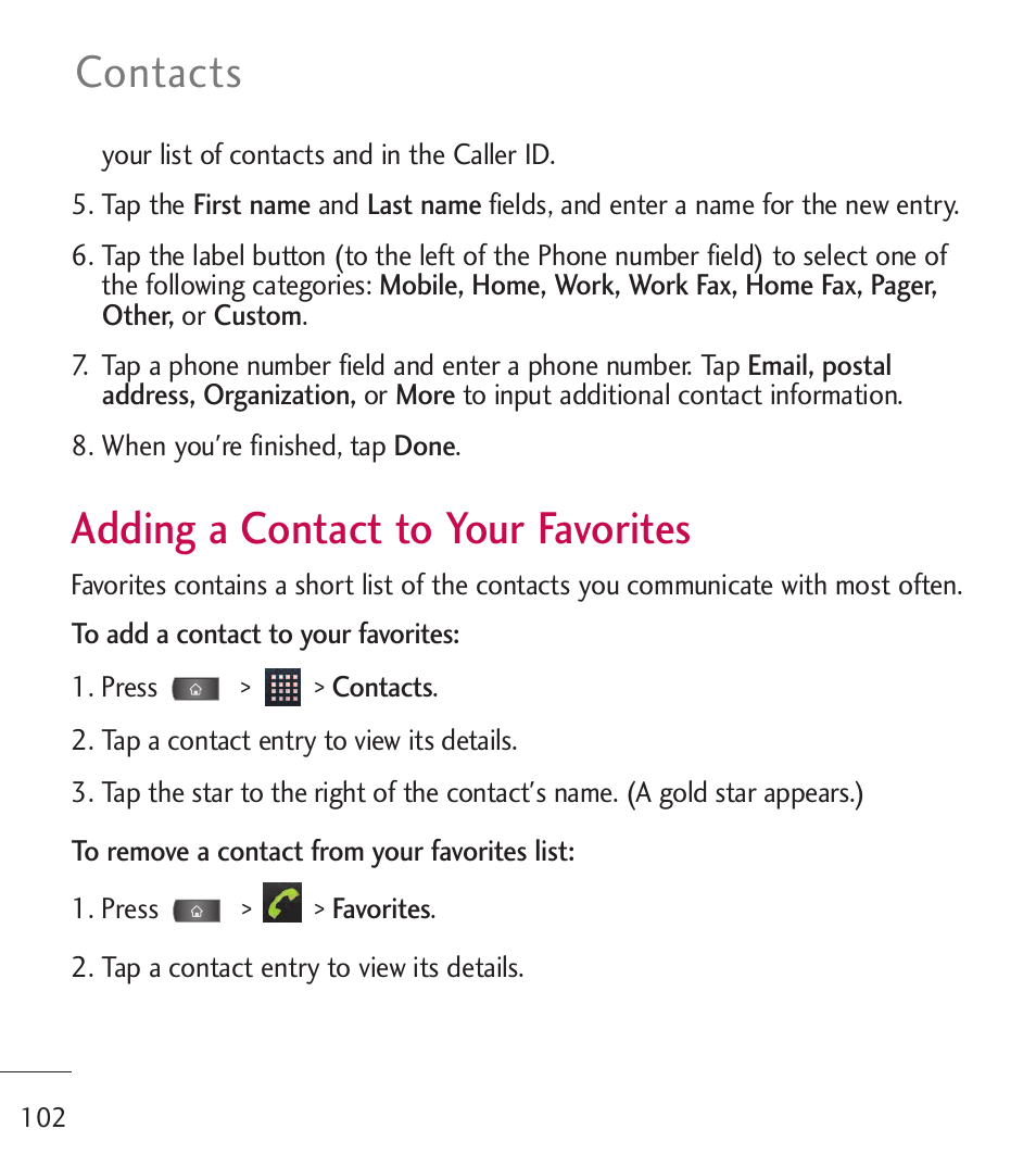 Adding a contact to your fa, Adding a contact to your, Favorites | Adding a contact to your favorites, Contacts | LG LGL55C User Manual | Page 104 / 506