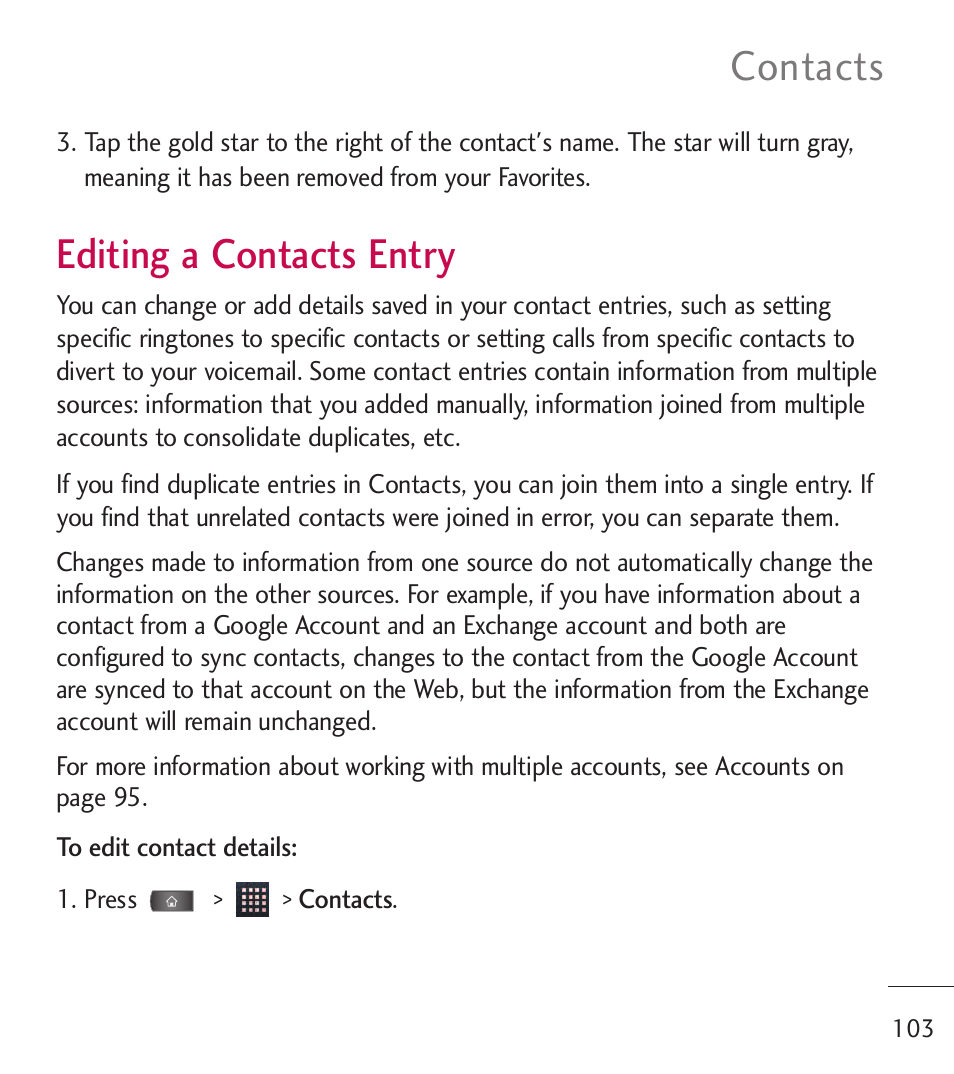 Editing a contacts entry, Contacts | LG LGL55C User Manual | Page 105 / 506