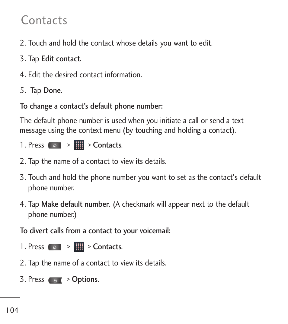 Contacts | LG LGL55C User Manual | Page 106 / 506