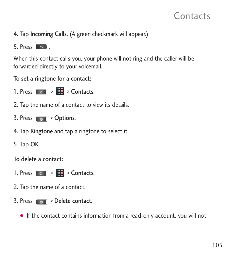 Contacts | LG LGL55C User Manual | Page 107 / 506