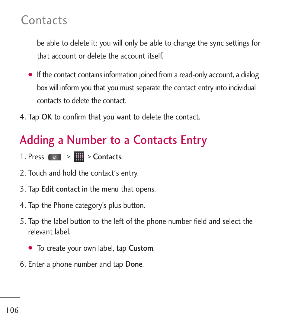 Adding a number to a contact, Adding a number to a contacts, Entry | Adding a number to a contacts entry, Contacts | LG LGL55C User Manual | Page 108 / 506