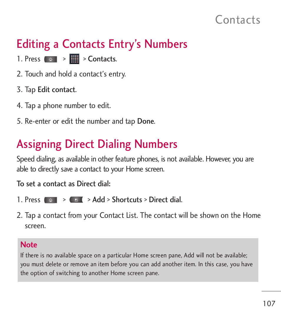 Editing a contacts entry, Assigning direct dialing nu, Editing a contacts entry’s | Numbers, Assigning direct dialing, Editing a contacts entry’s numbers, Assigning direct dialing numbers, Contacts | LG LGL55C User Manual | Page 109 / 506