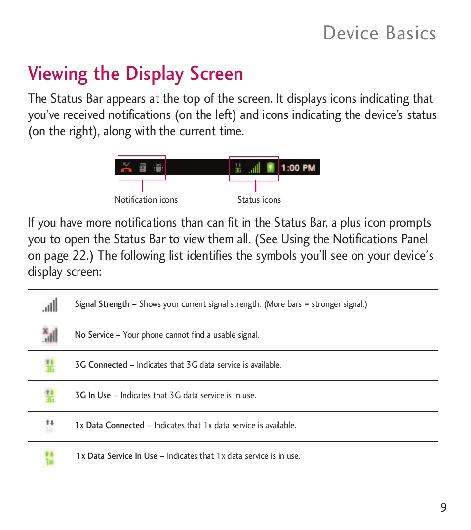 Viewing the display screen, Device basics | LG LGL55C User Manual | Page 11 / 506