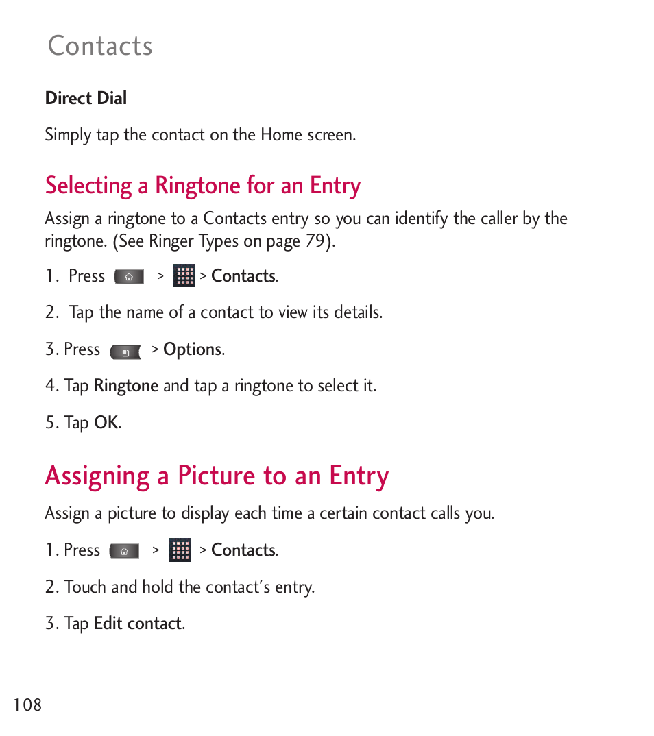 Assigning a picture to an entry, Assigning a picture to an entry 108, Contacts | Selecting a ringtone for an entry | LG LGL55C User Manual | Page 110 / 506