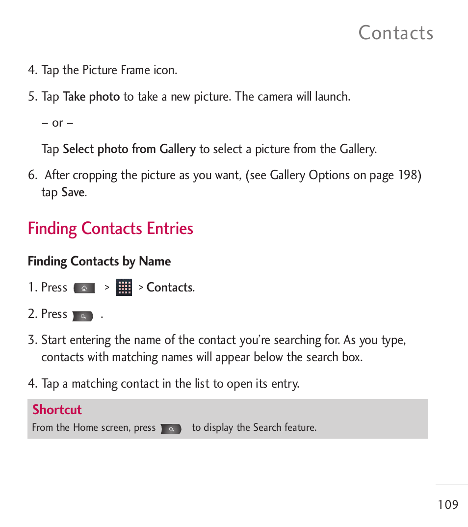 Contacts, Finding contacts entries | LG LGL55C User Manual | Page 111 / 506