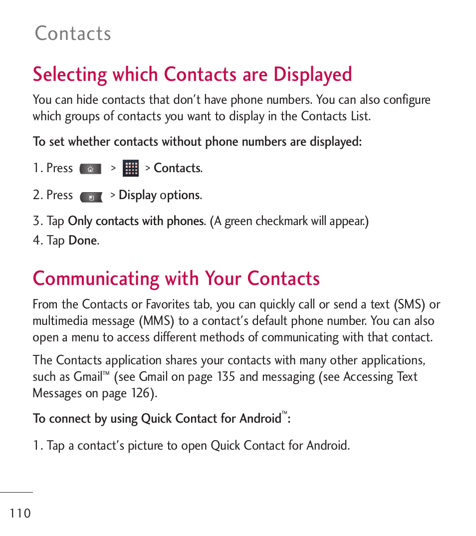 Selecting which contacts are, Communicating with your con, Displayed | Communicating with your, Contacts, Selecting which contacts are displayed, Communicating with your contacts | LG LGL55C User Manual | Page 112 / 506