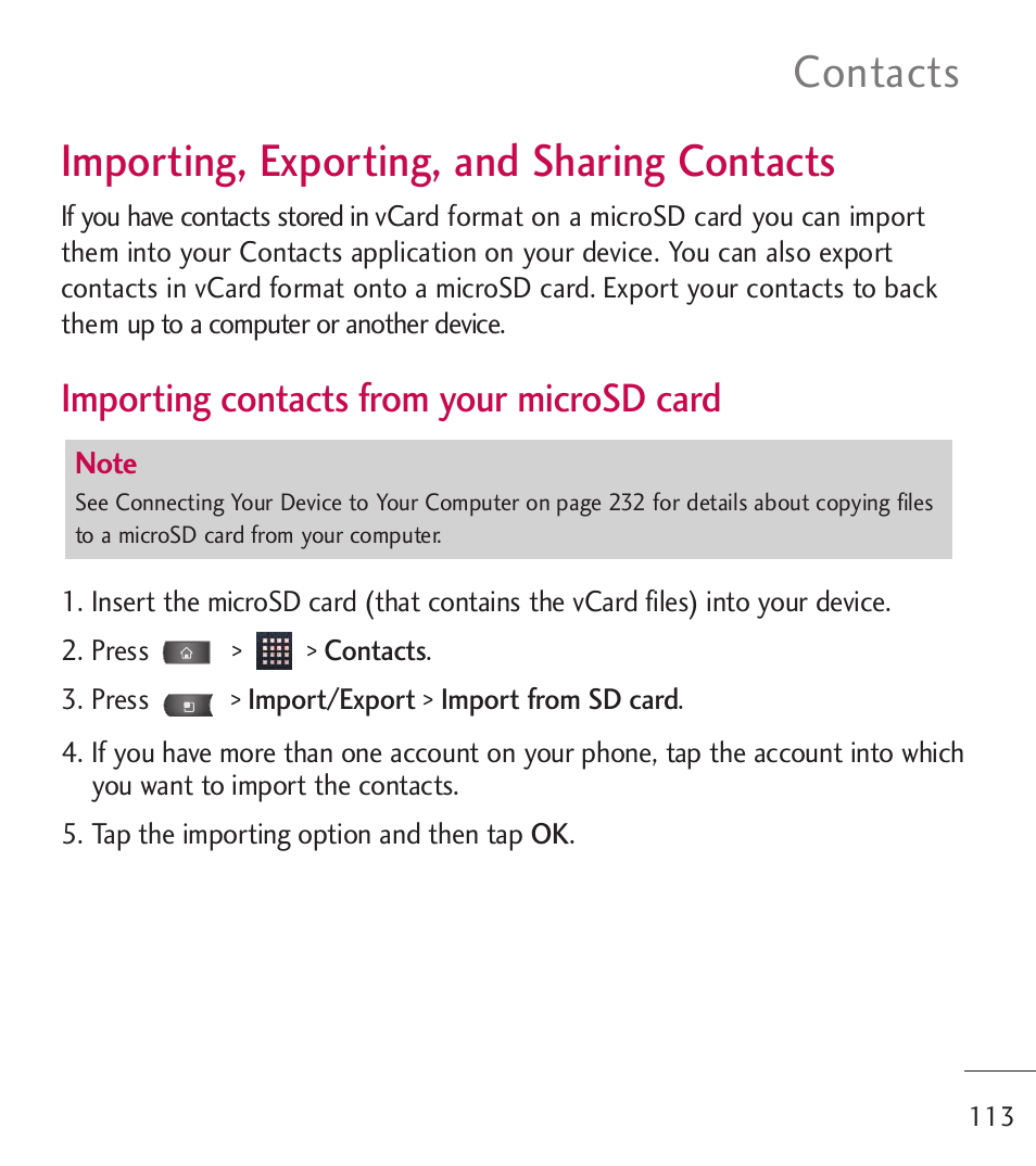 Importing, exporting, and s, Importing, exporting, and, Sharing contacts | Importing, exporting, and sharing contacts, Contacts, Importing contacts from your microsd card | LG LGL55C User Manual | Page 115 / 506