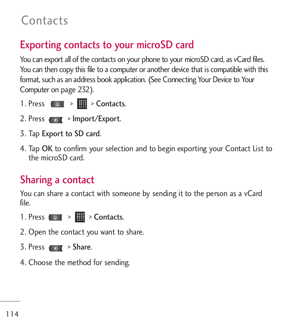 Contacts, Exporting contacts to your microsd card, Sharing a contact | LG LGL55C User Manual | Page 116 / 506