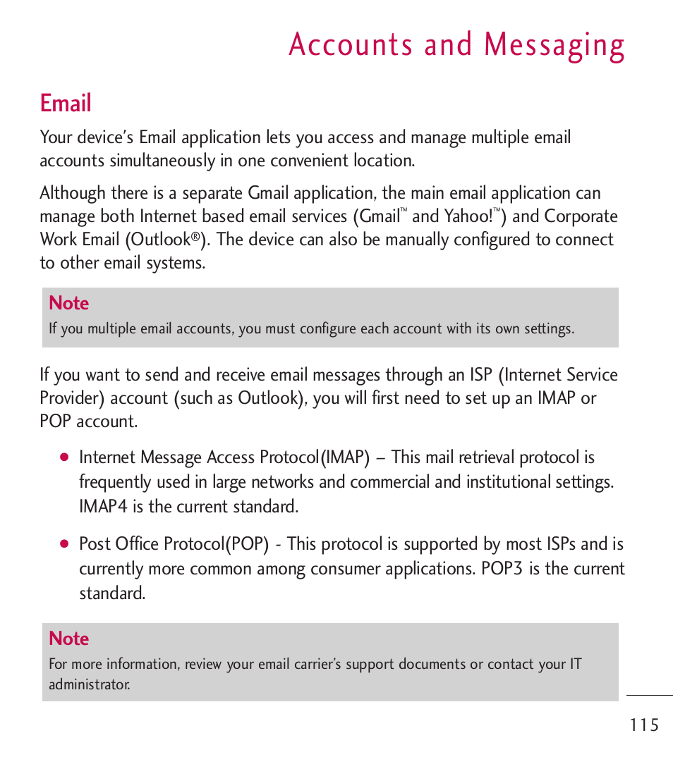 Accounts and messaging, Email | LG LGL55C User Manual | Page 117 / 506