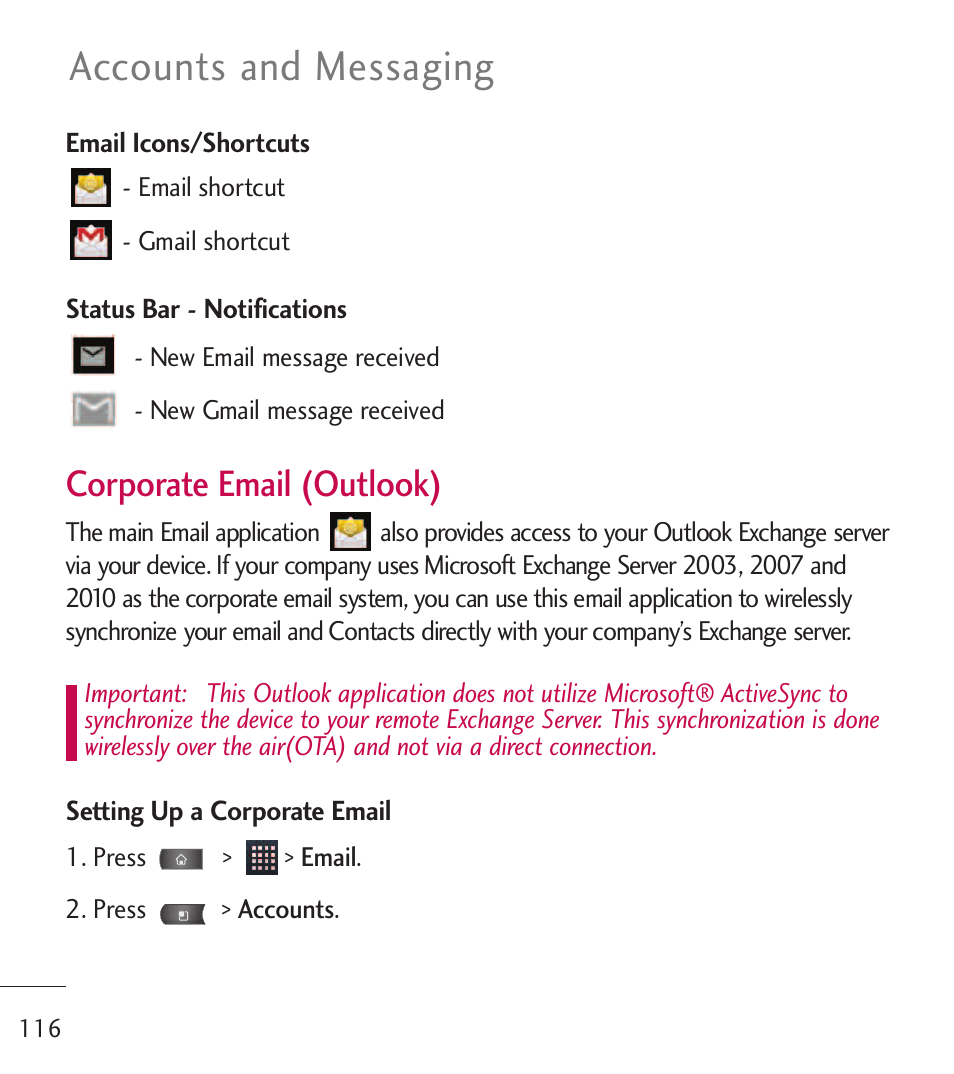 Accounts and messaging, Corporate email (outlook) | LG LGL55C User Manual | Page 118 / 506