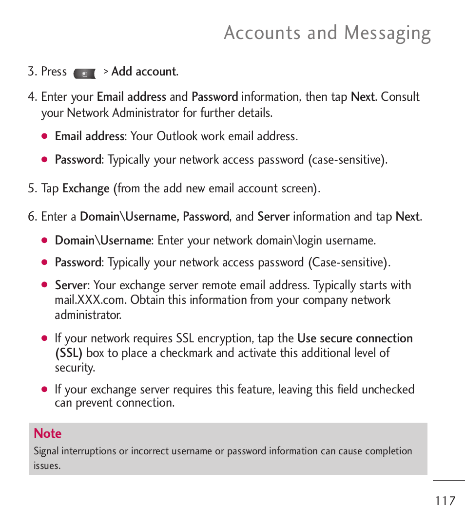 Accounts and messaging | LG LGL55C User Manual | Page 119 / 506