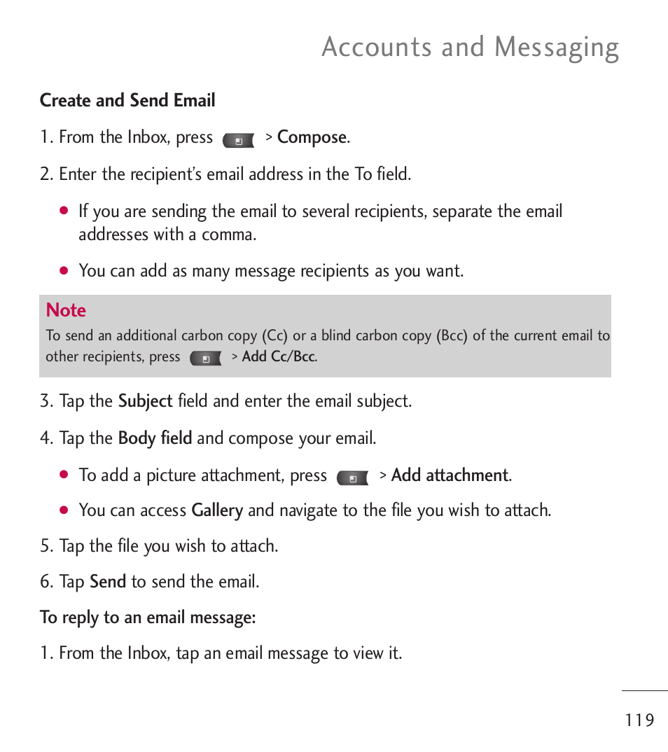 Accounts and messaging | LG LGL55C User Manual | Page 121 / 506