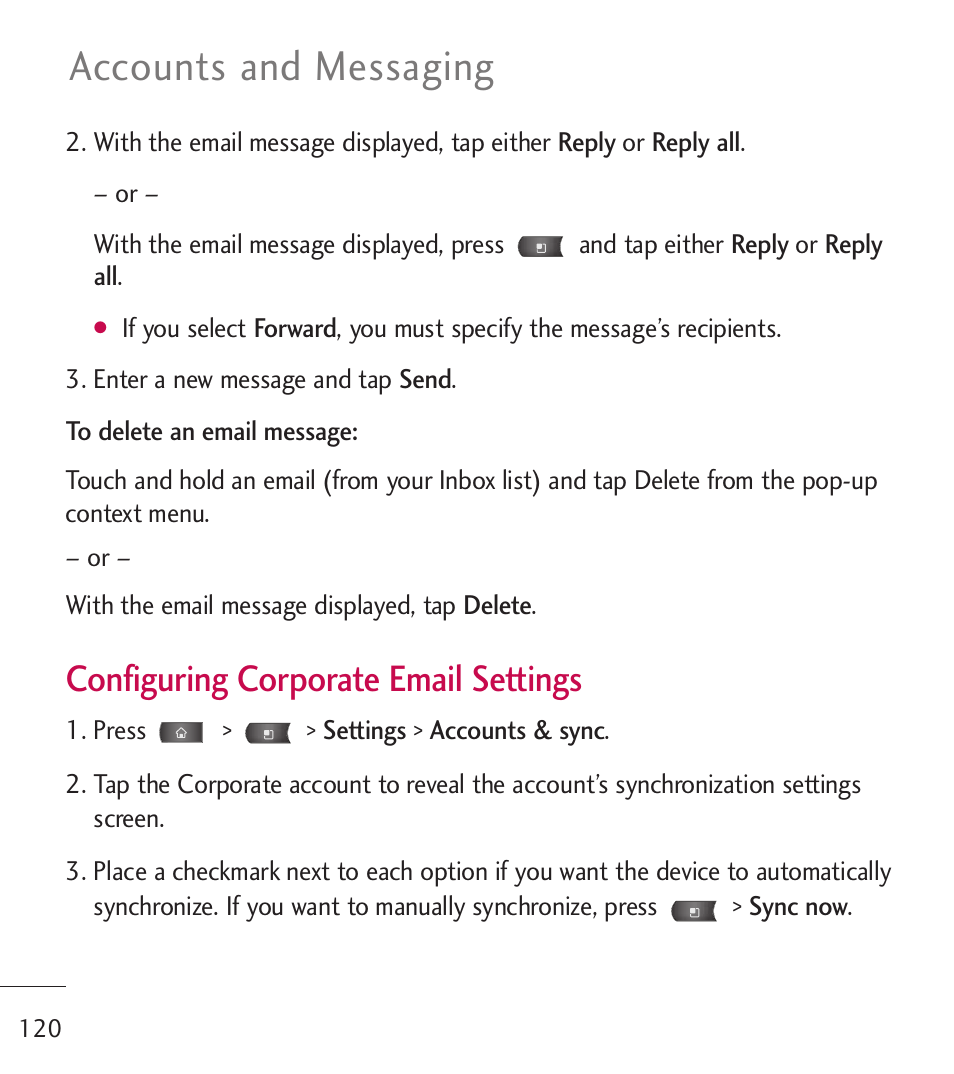 Accounts and messaging, Configuring corporate email settings | LG LGL55C User Manual | Page 122 / 506