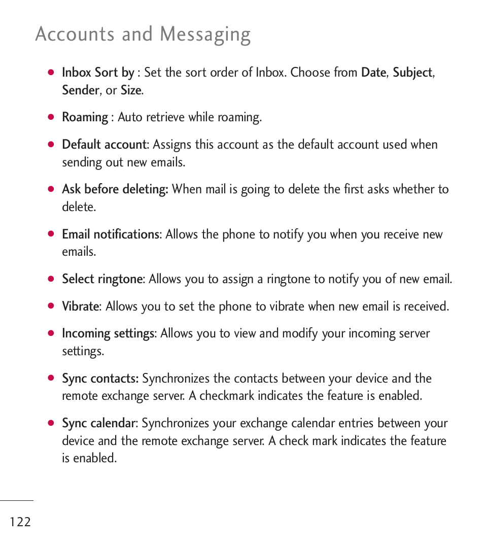 Accounts and messaging, Roaming : auto retrieve while roaming | LG LGL55C User Manual | Page 124 / 506