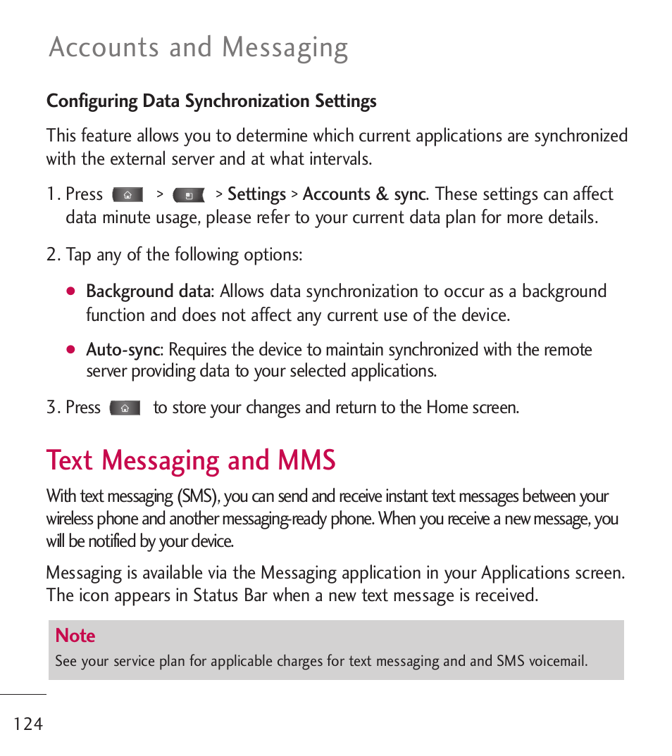 Text messaging and mms, Accounts and messaging | LG LGL55C User Manual | Page 126 / 506