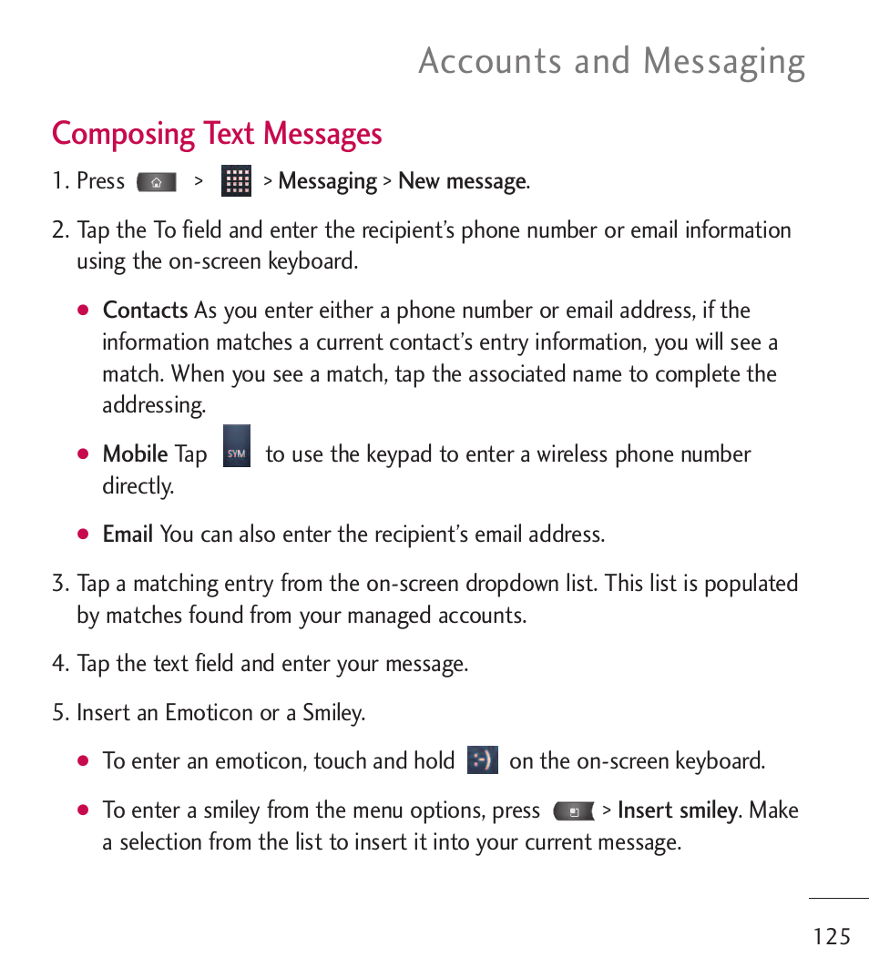 Accounts and messaging, Composing text messages | LG LGL55C User Manual | Page 127 / 506