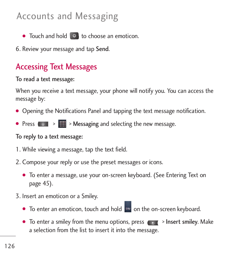 Accounts and messaging, Accessing text messages | LG LGL55C User Manual | Page 128 / 506